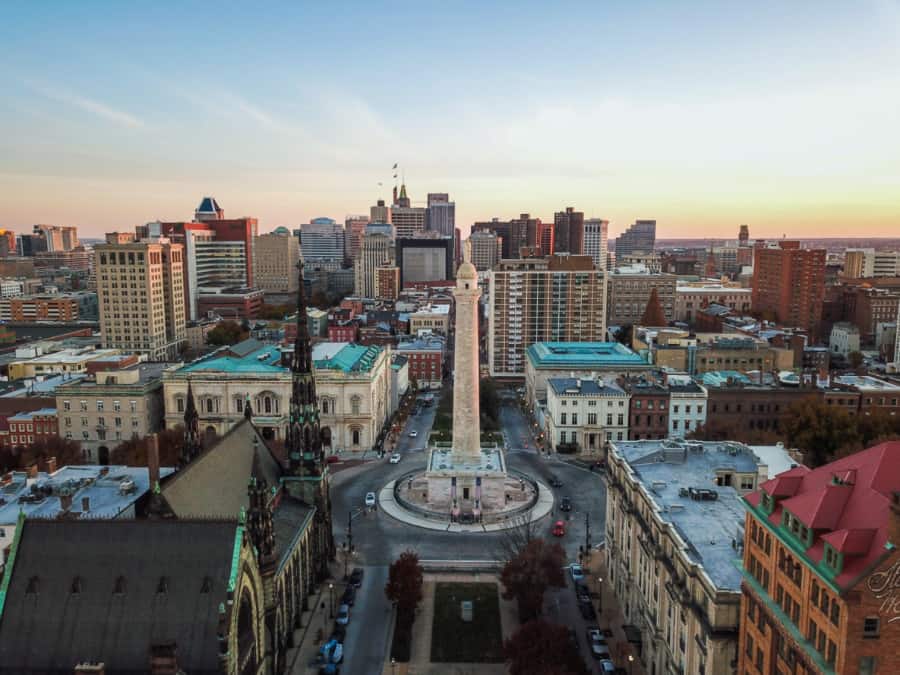 Aerial of Mount Vernon Place in Baltimore, Maryland looking at the Washington Monument