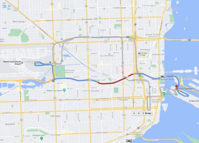 Route from Miami Airport to Cruise Port