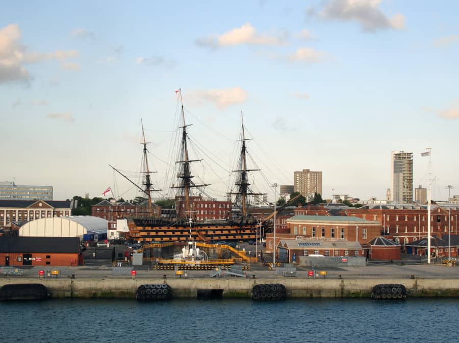 HMS Victory in the historic Naval dockyard of Portsmouth, as seen from the water