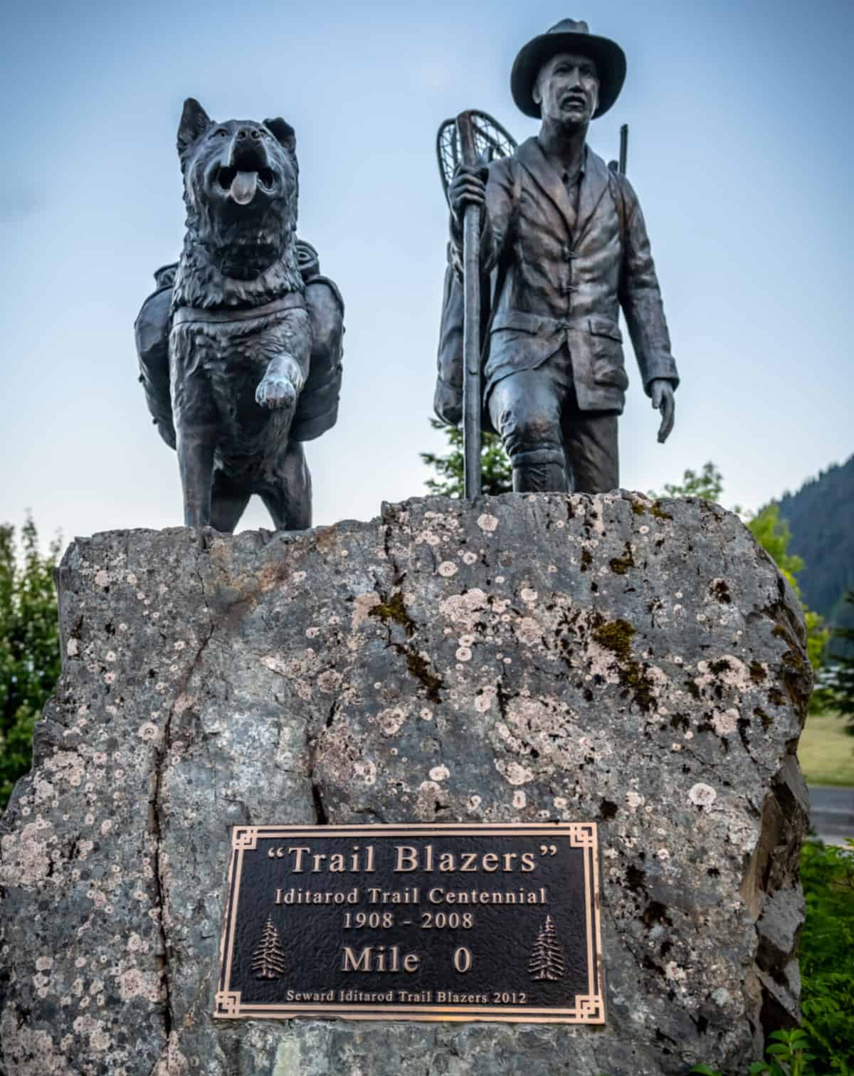 Monument commemorating the centennial the Iditarod called “Trail Blazers” 